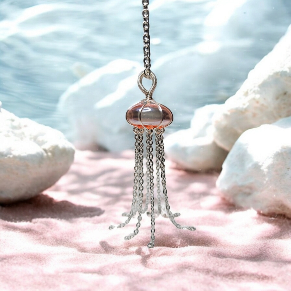 Jellyfish Necklace on 31" welded chain, plated copper